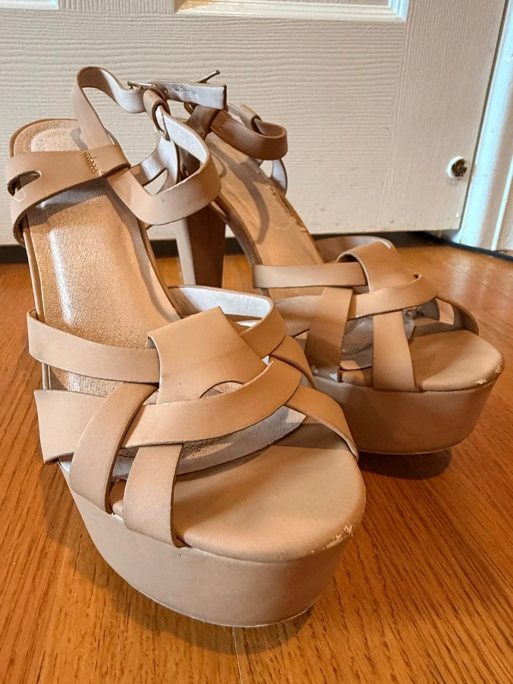 Platform Strappy Genuine Leather Heels in Nude
